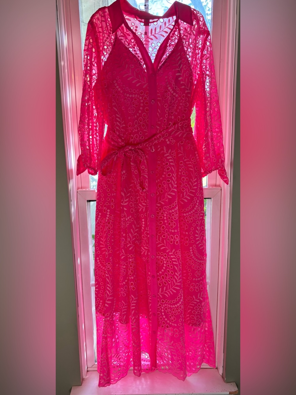 Lilly Pulitzer Amrita Midi Hot Pink Eyelet Tie-Waist  Dress